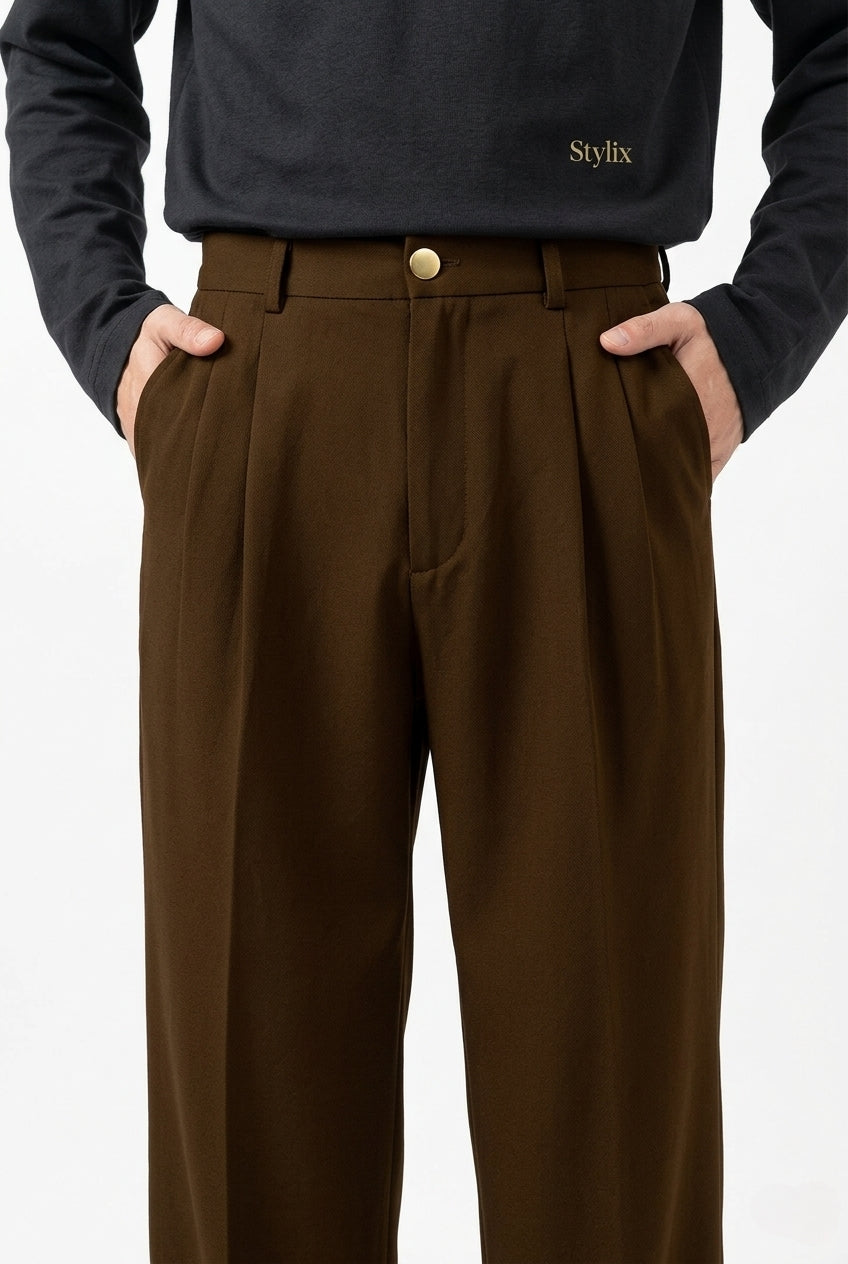 Stylix Men’s Relaxed Fit Korean Trouser – Lycra Blend Stretchable Formal Pants (Coffee Brown)